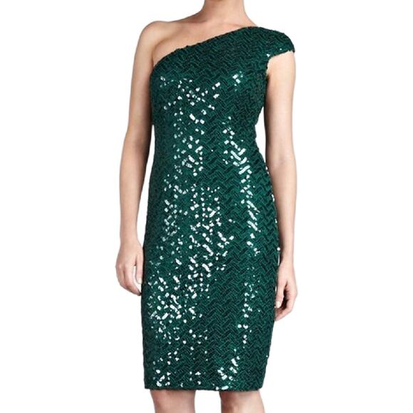 DAVID MEISTER One-Shoulder Sequin Lace Cocktail Sheath Dress Sz 6 Emerald Green - Picture 1 of 10